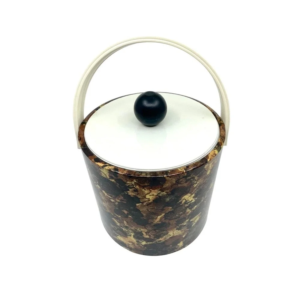 1970s Vintage Faux Tortoiseshell Ice Bucket Black  Knob Lid